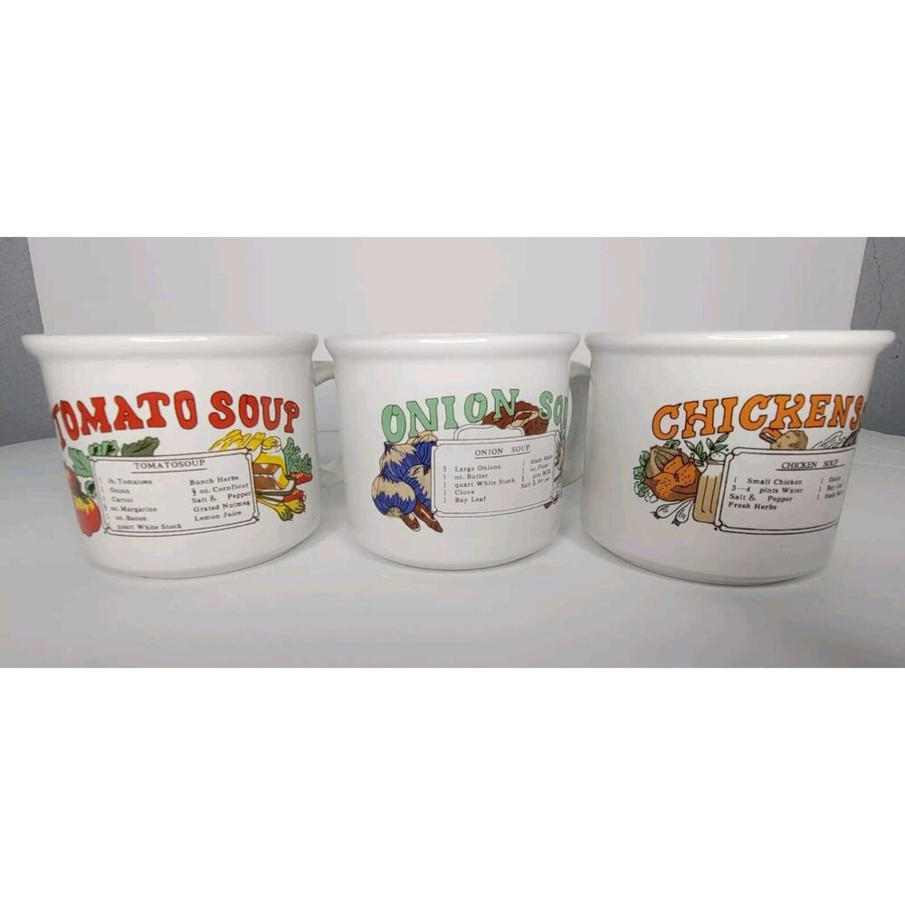 Onion Soup, Chicken Soup and Tomato Soup Vintage Recipe Mugs With Handle